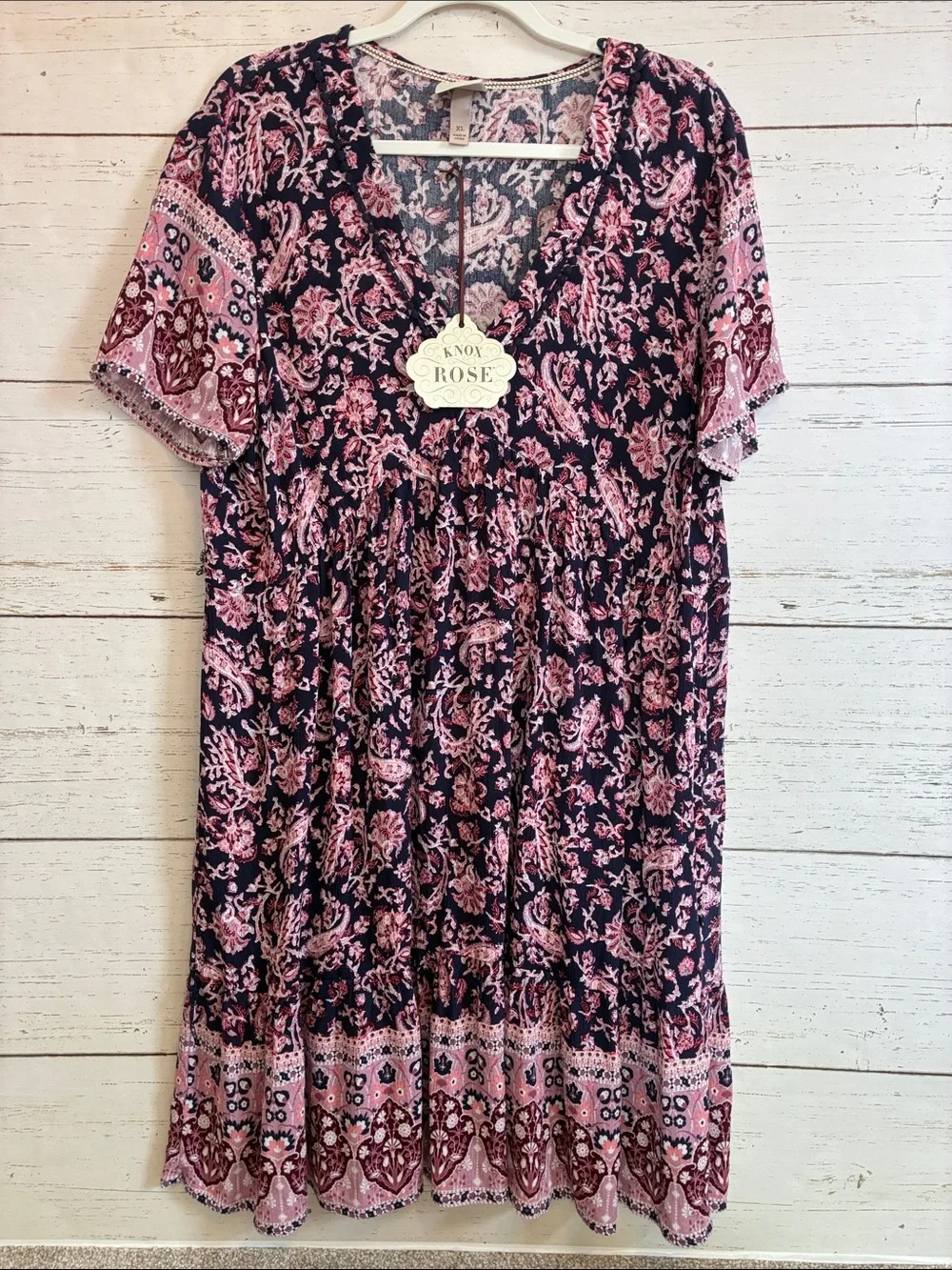 Knox Rose Navy & Pink Floral/Paisley Patterned V-Neck Dress, size XL, NWT - Picture 1 of 16